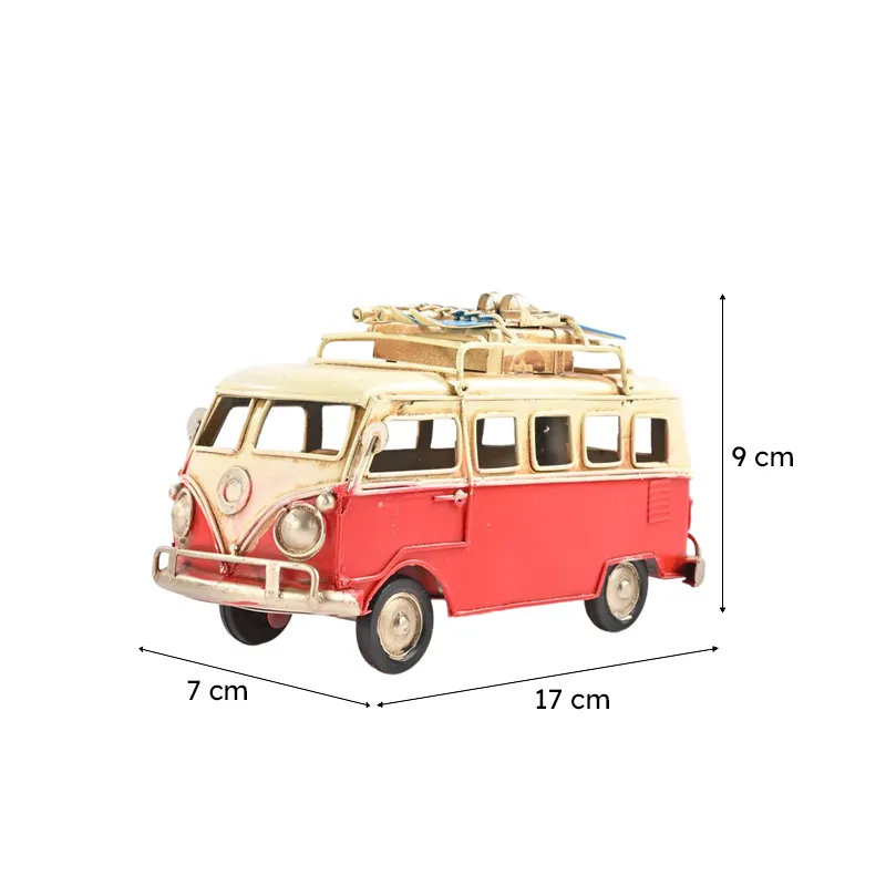 Red and ivory caravan showpiece with dimensions shown visually