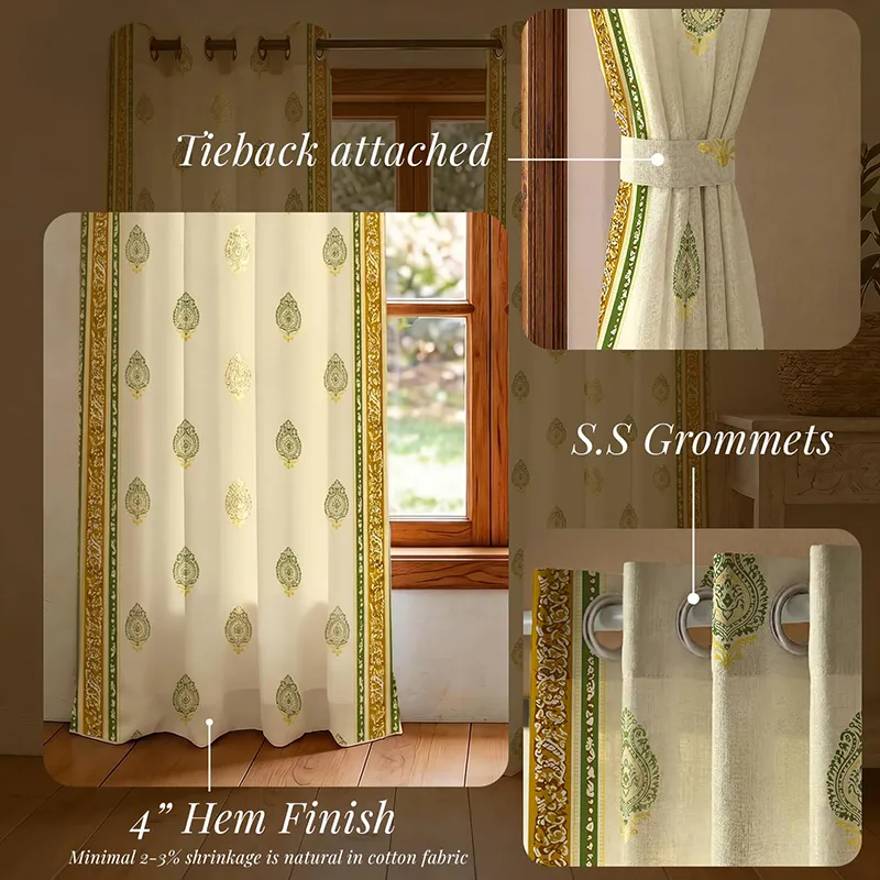 Printed off-white curtain panel with tieback and eyelet top details