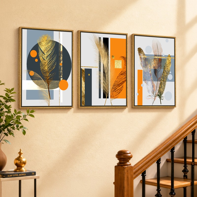 Gilded Feather Fusion Canvas Wall Painting With Frame - Set of Three