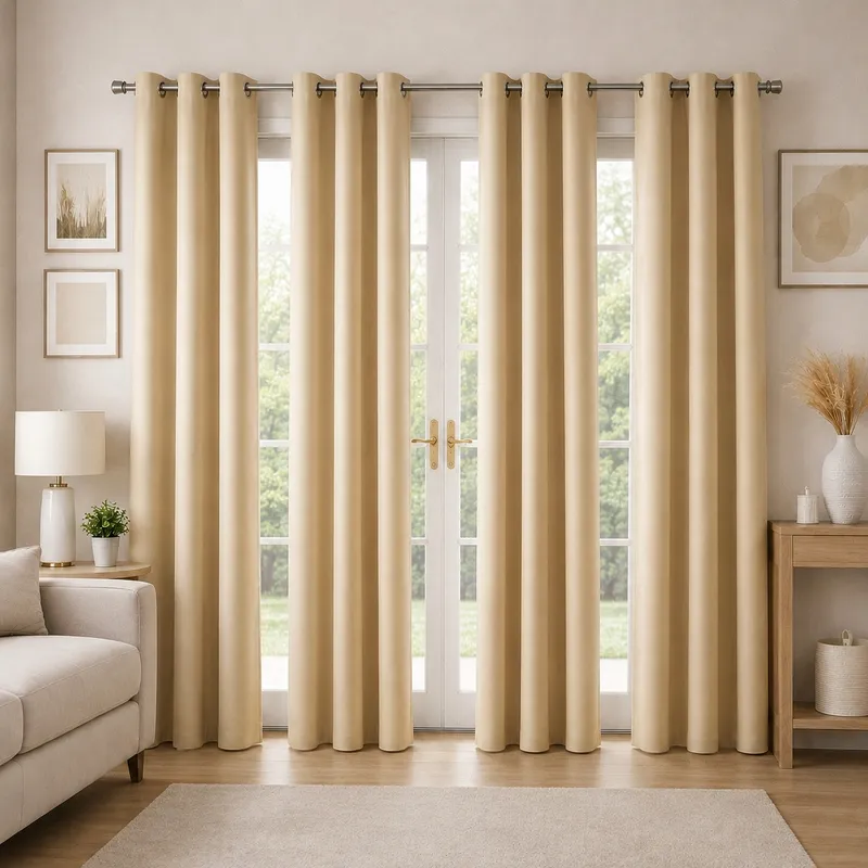Beige eyelet curtains styled across a large glass door in a neutral living room
