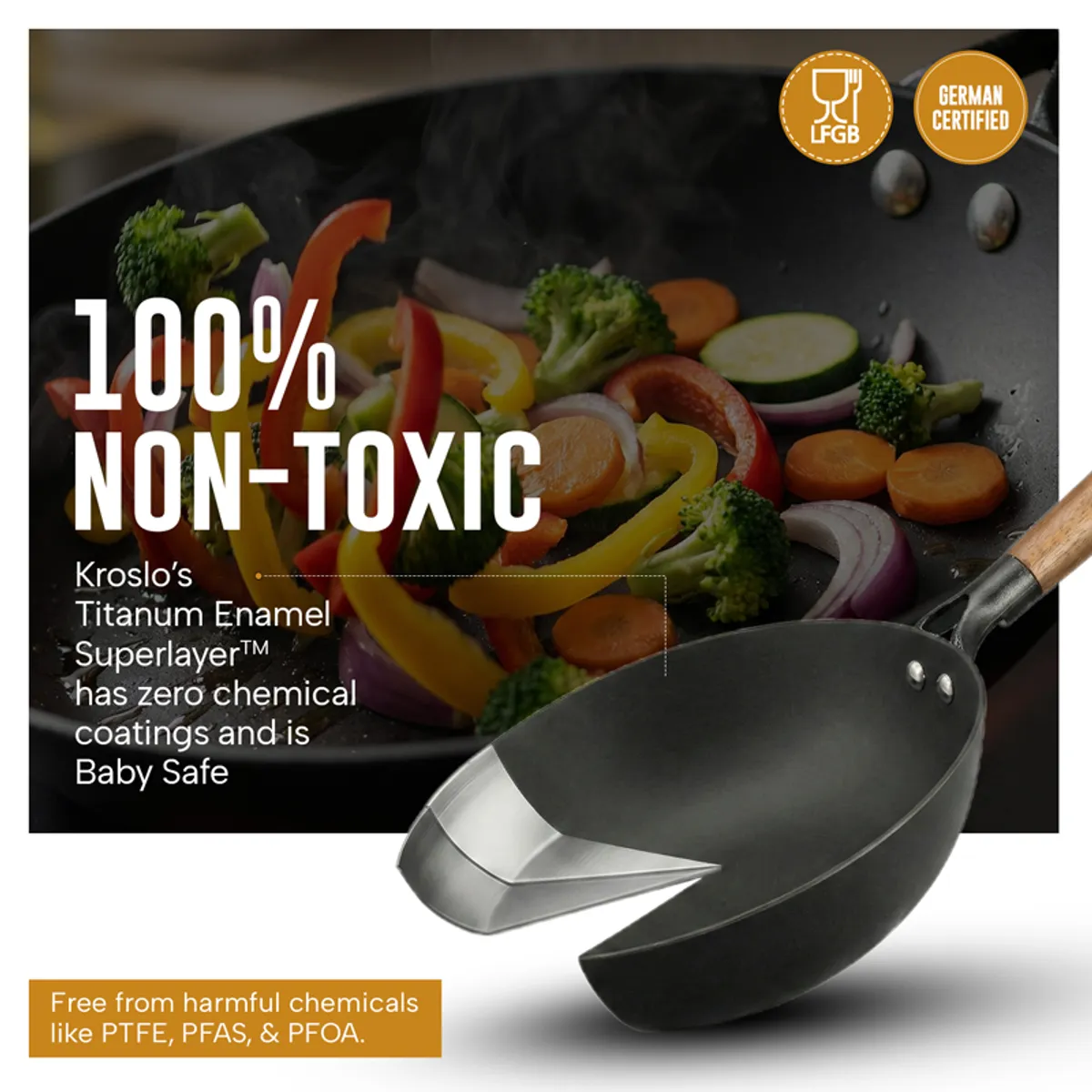 Black frying pan shown with colourful vegetables and a wooden handle