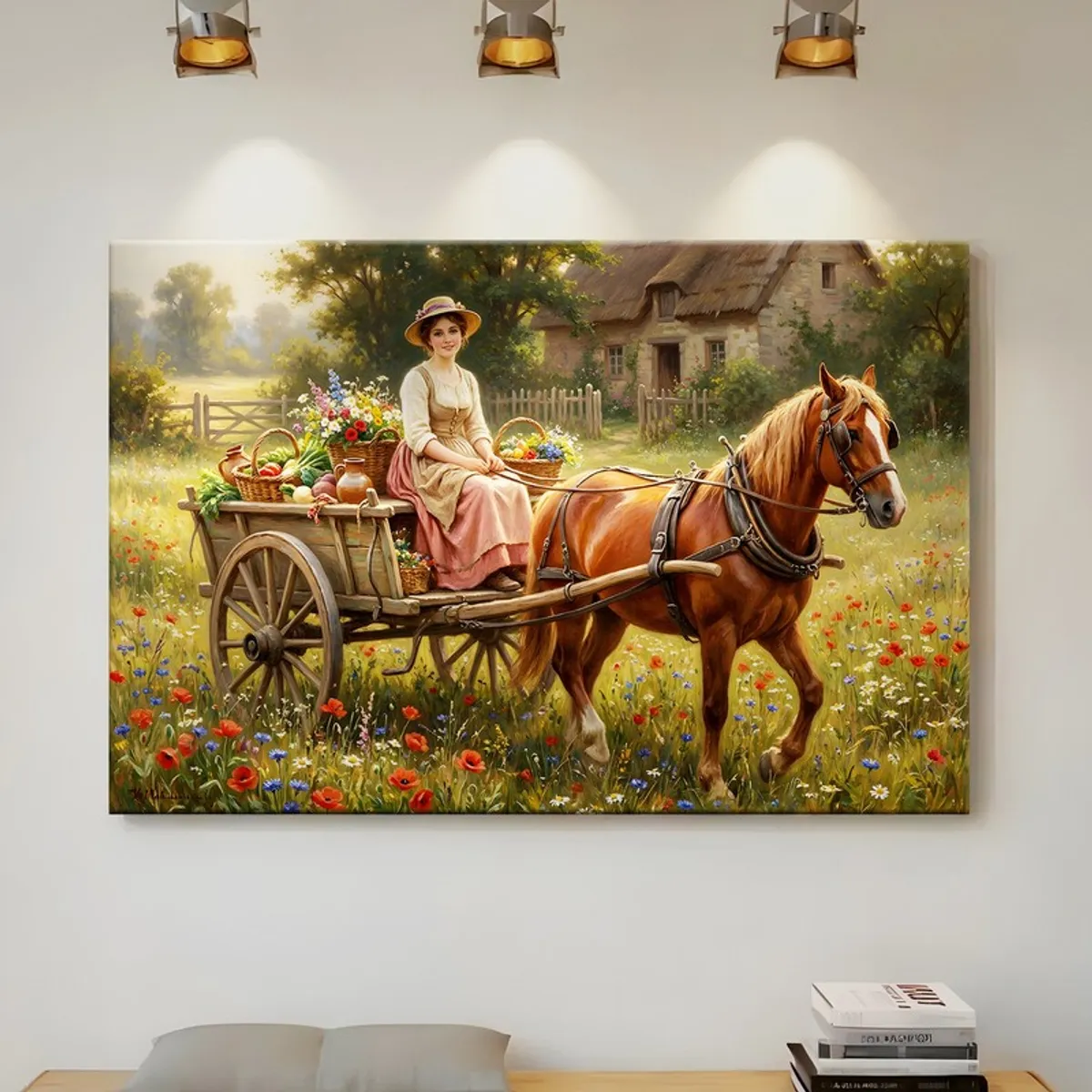 Large canvas painting of a horse-drawn wagon with flowers outside a village home