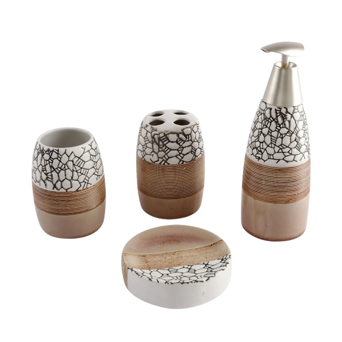 Four beige ceramic bathroom accessories displayed separately on a white background