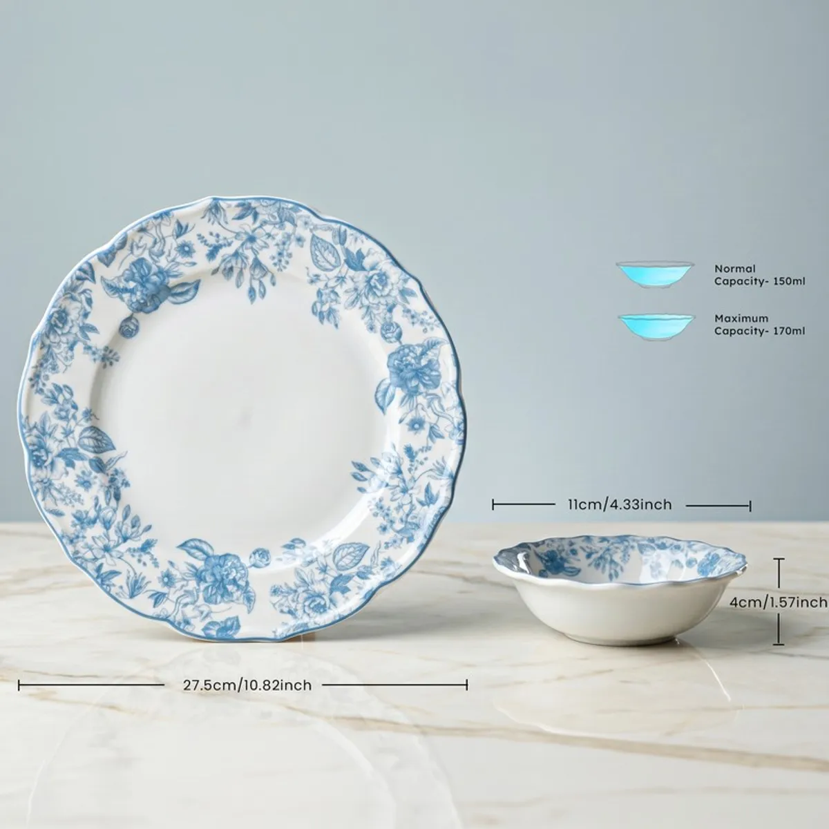 Close view of blue and white floral plate and matching bowl