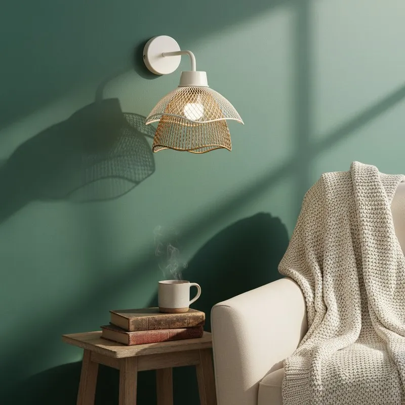 White and gold wall lamp with wavy mesh shade above a side table