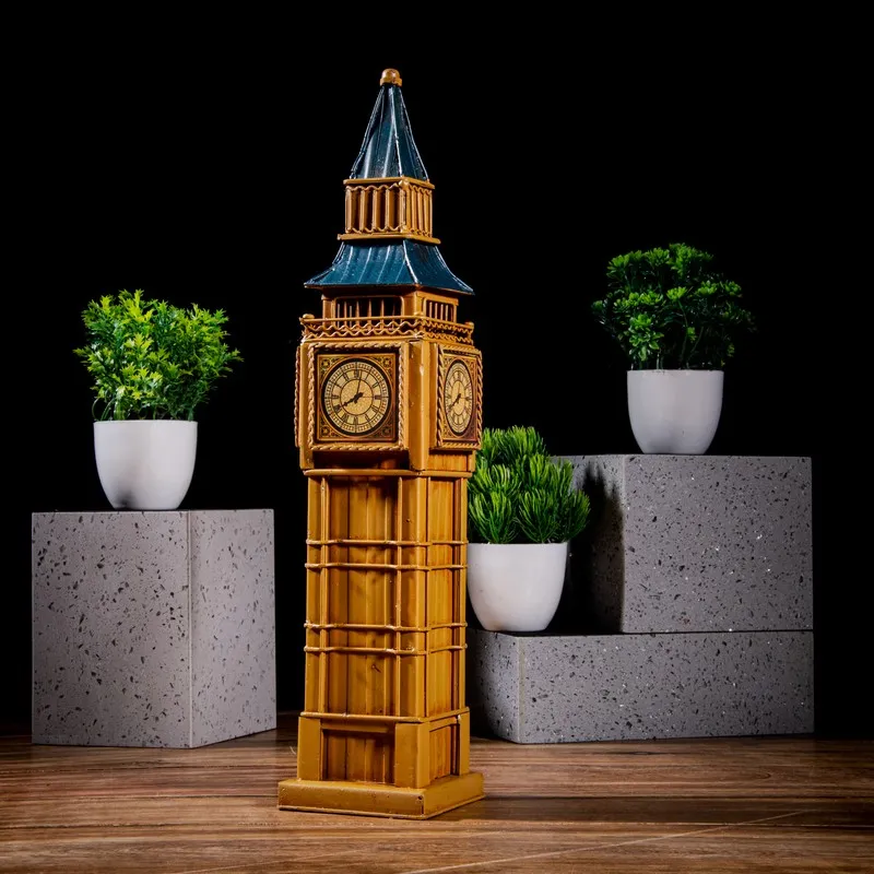 Vintage-style clock tower showpiece with yellow body and blue roof