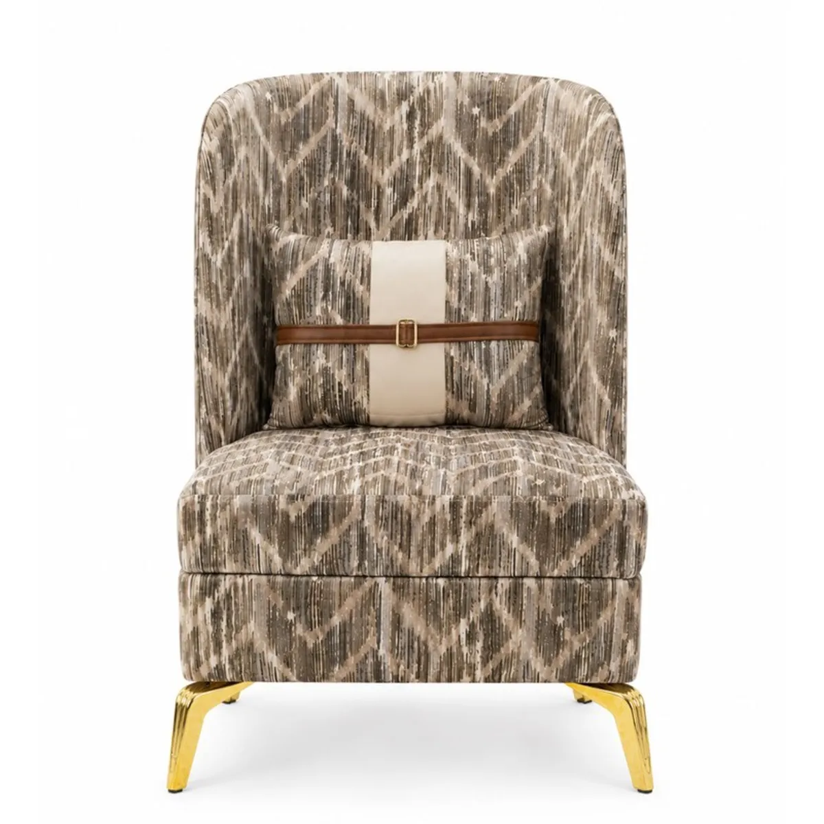 Front view of a patterned accent chair with curved back and gold-toned legs