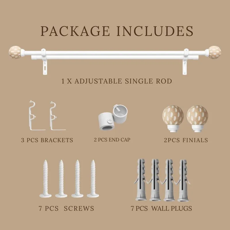 White curtain rod and separate mounting components arranged against a beige background.