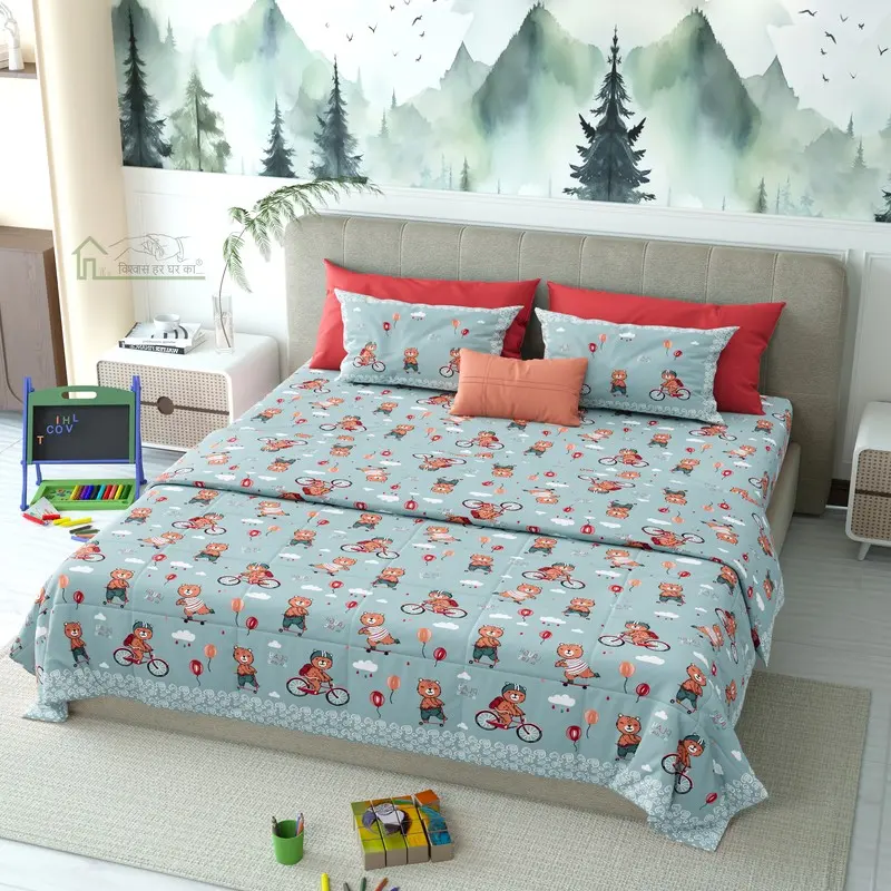 Wheels Land Printed Cotton Kids Bedsheet (Blue) - 120 TC