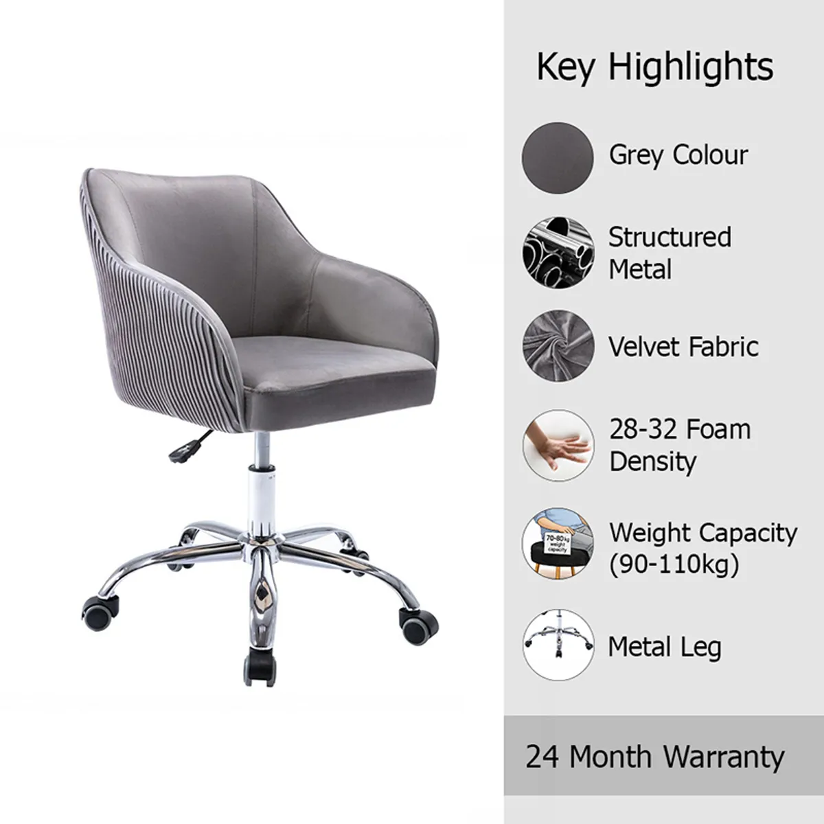 Grey office chair shown with padded seat, velvet upholstery and metal base