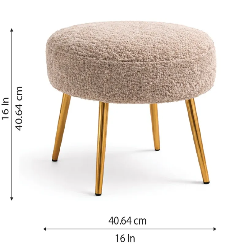 Beige round stool with gold legs shown with 16-inch dimensions