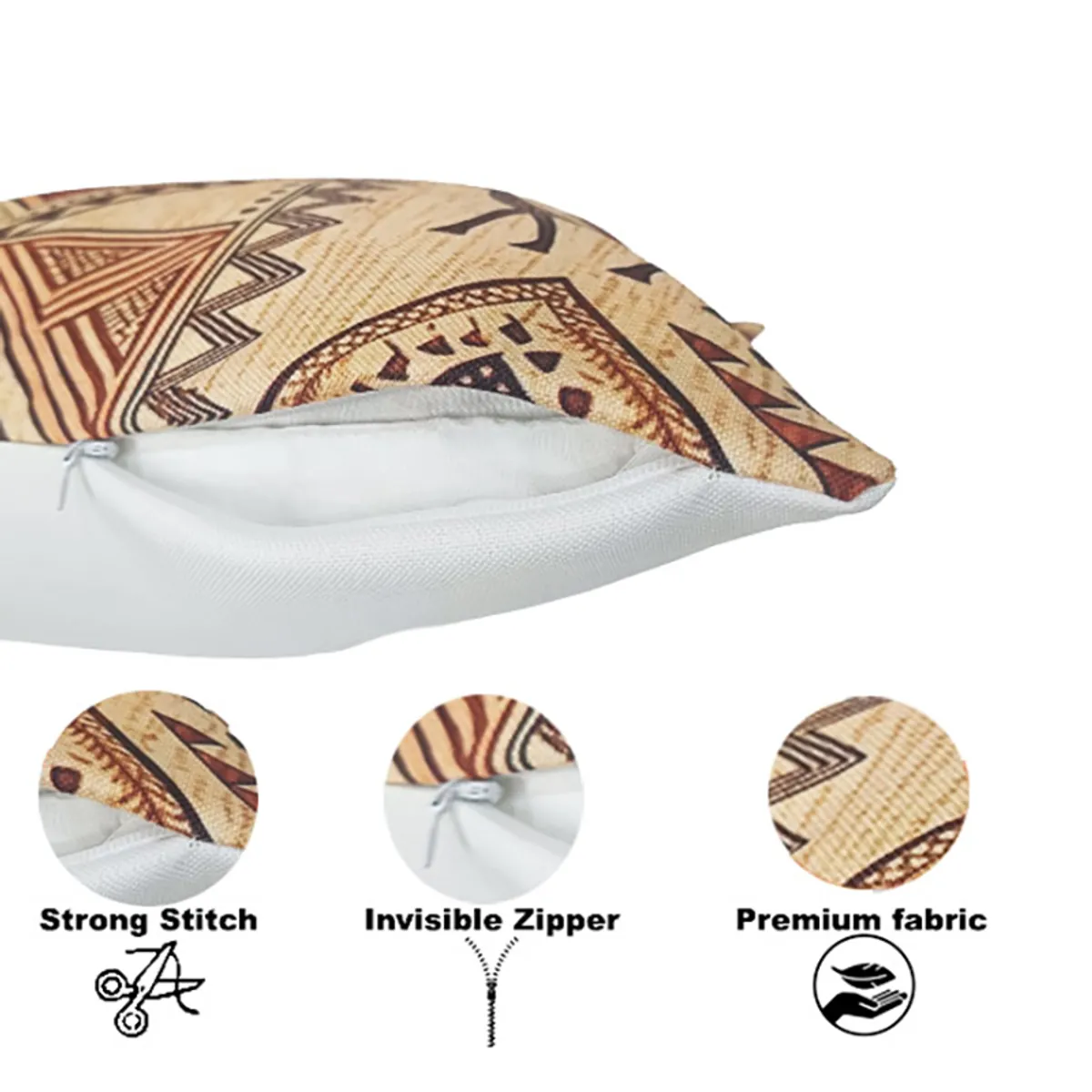 Close view of a printed cushion cover showing its zip closure and fabric edge.