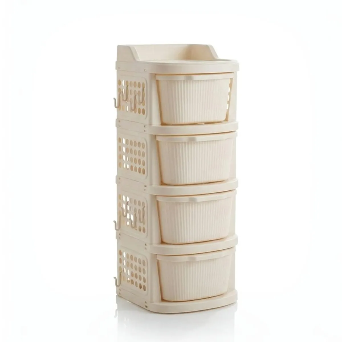 Freestanding ivory four-tier organiser rack shown against a white background.