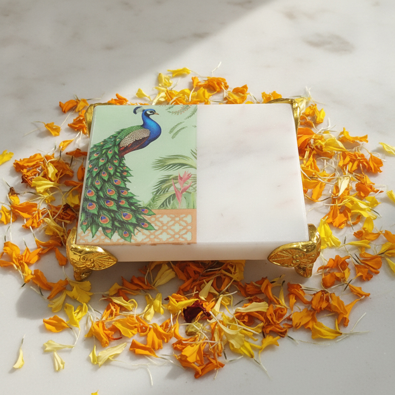 Peacock Jewel Marble Pooja Chowki - White,Green