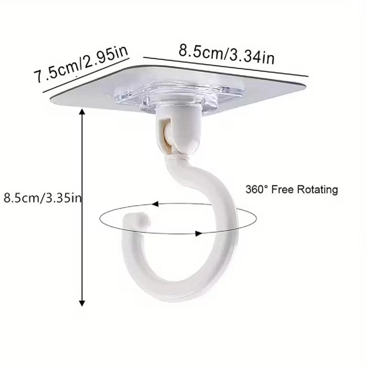White swivel hook with dimensions and 360-degree rotation illustration