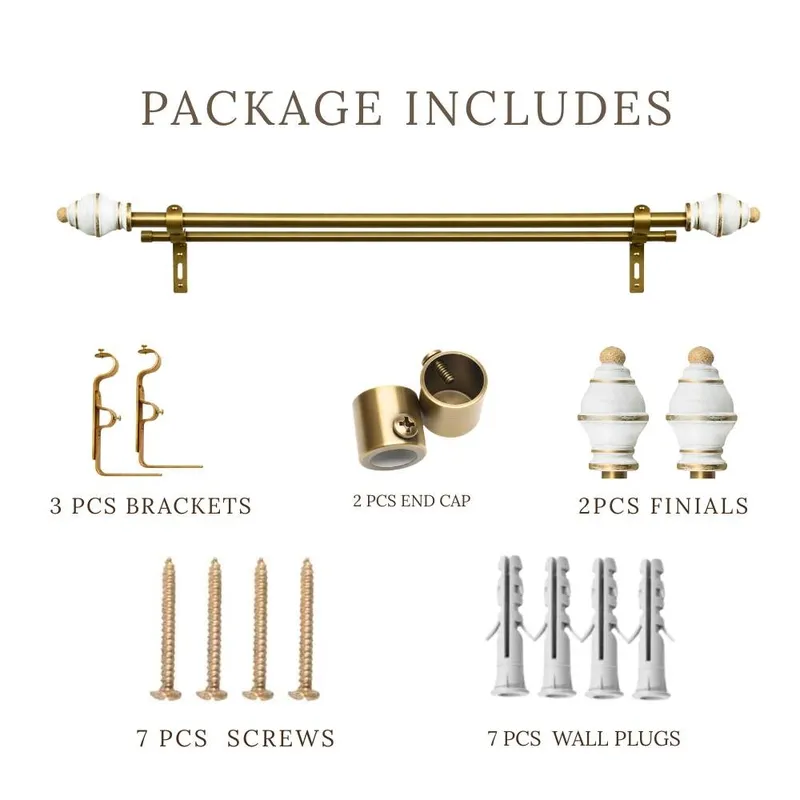 Double curtain rod set displayed with brackets, end caps and finials