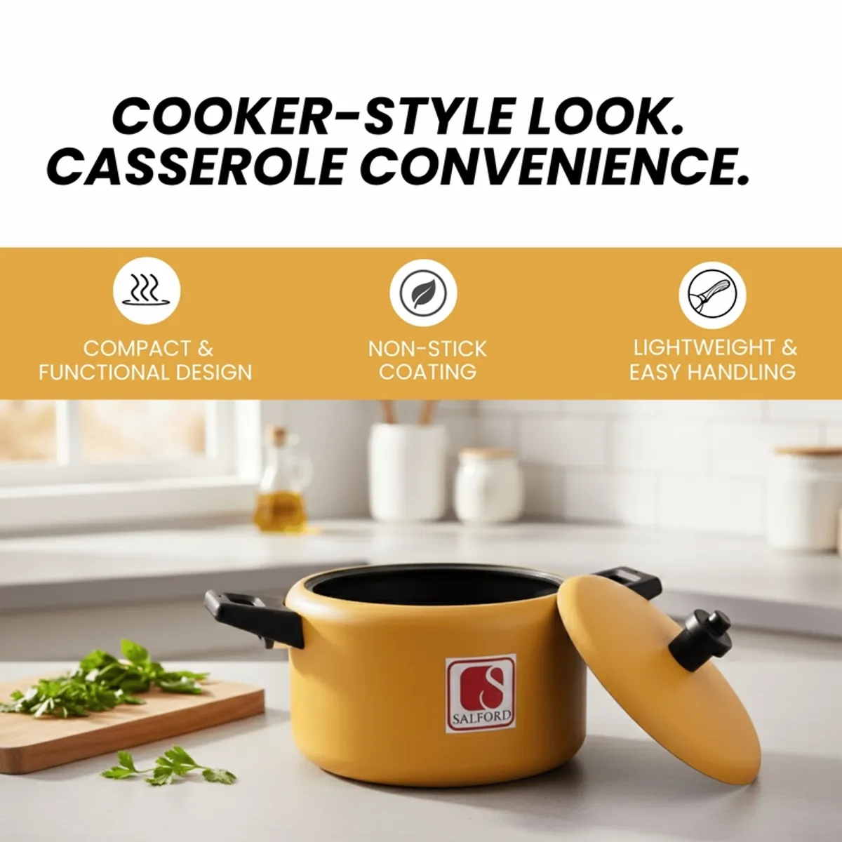 Yellow lidded cookware piece shown open with its black non-stick interior