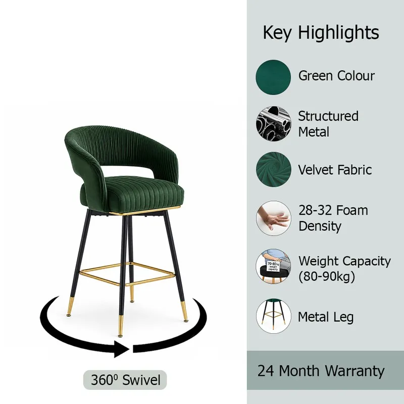 Green bar stool product image with visible colour, metal and velvet highlights.