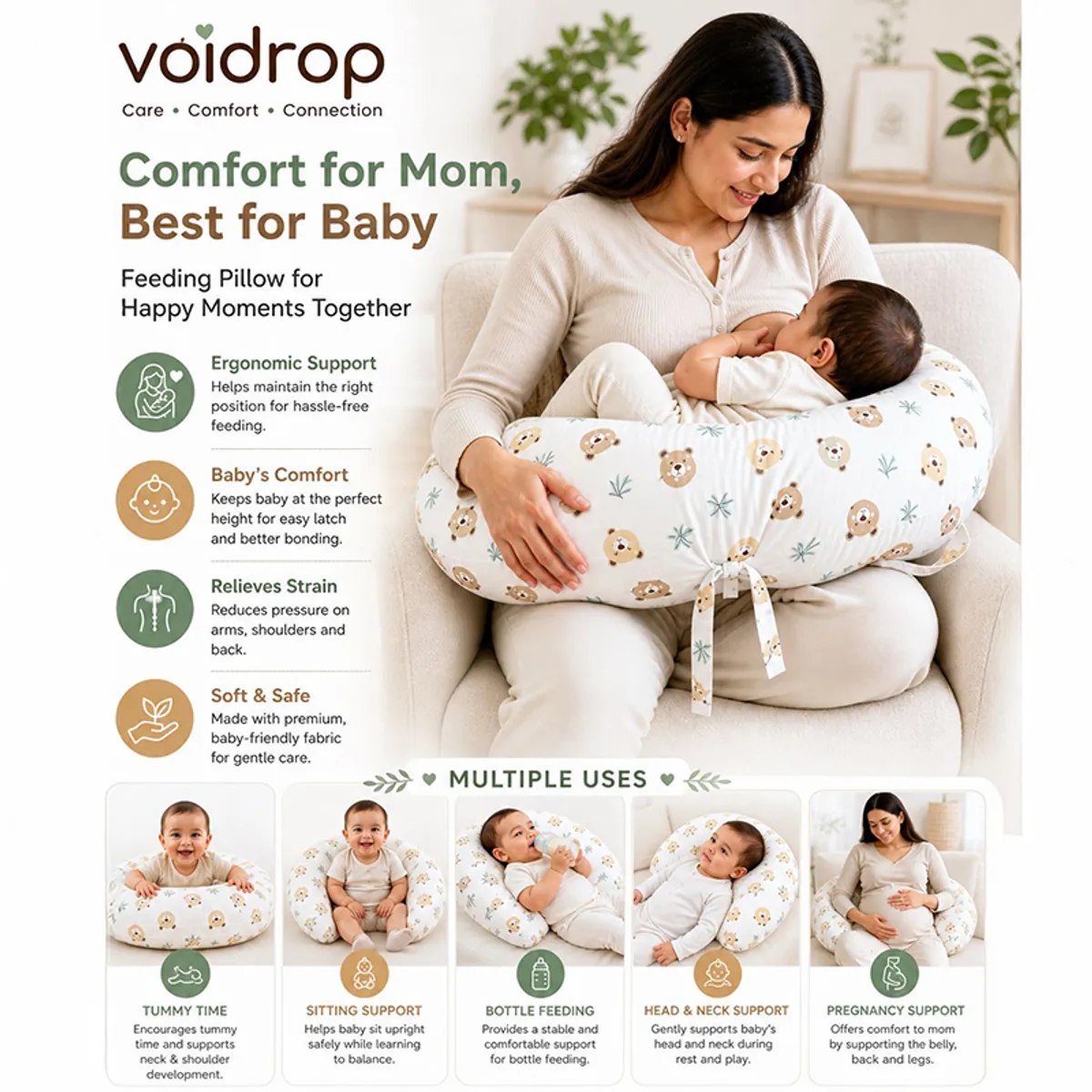 Mother using a white bear-print feeding pillow while nursing a baby