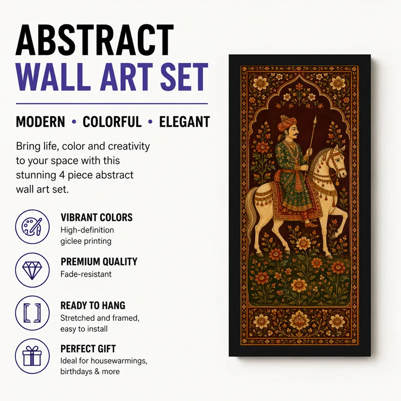 Promotional layout showing one framed Mughal-style artwork beside feature icons and text.
