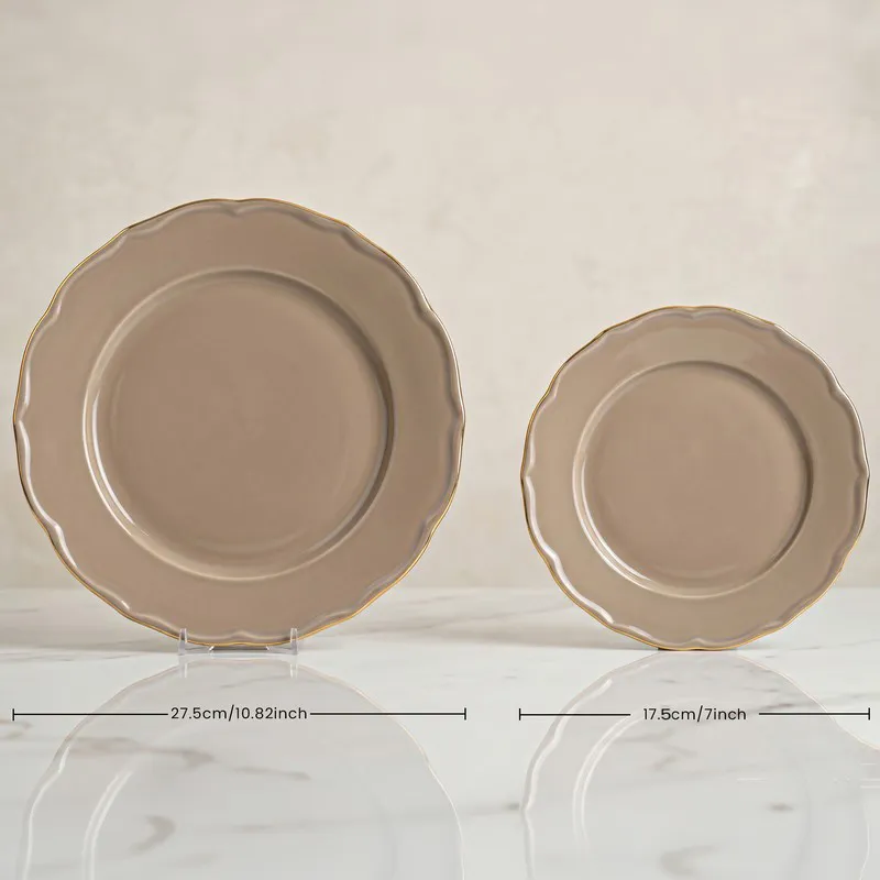 Large and small thunder grey plates with gold rim shown side by side