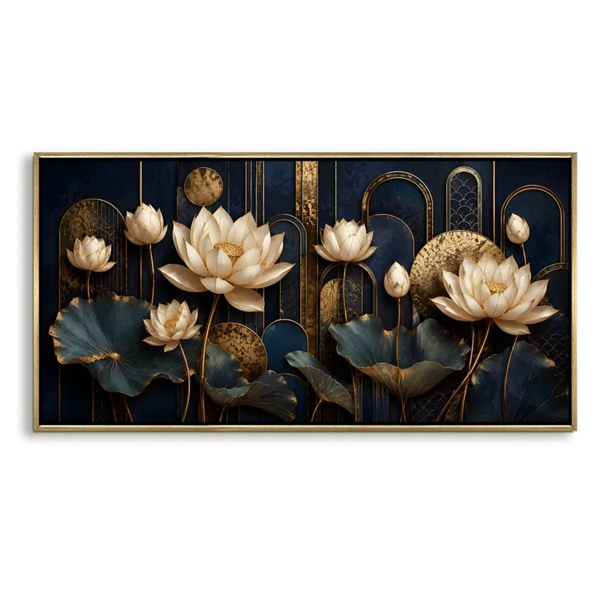 Blue and gold lotus wall painting in a rectangular gold frame