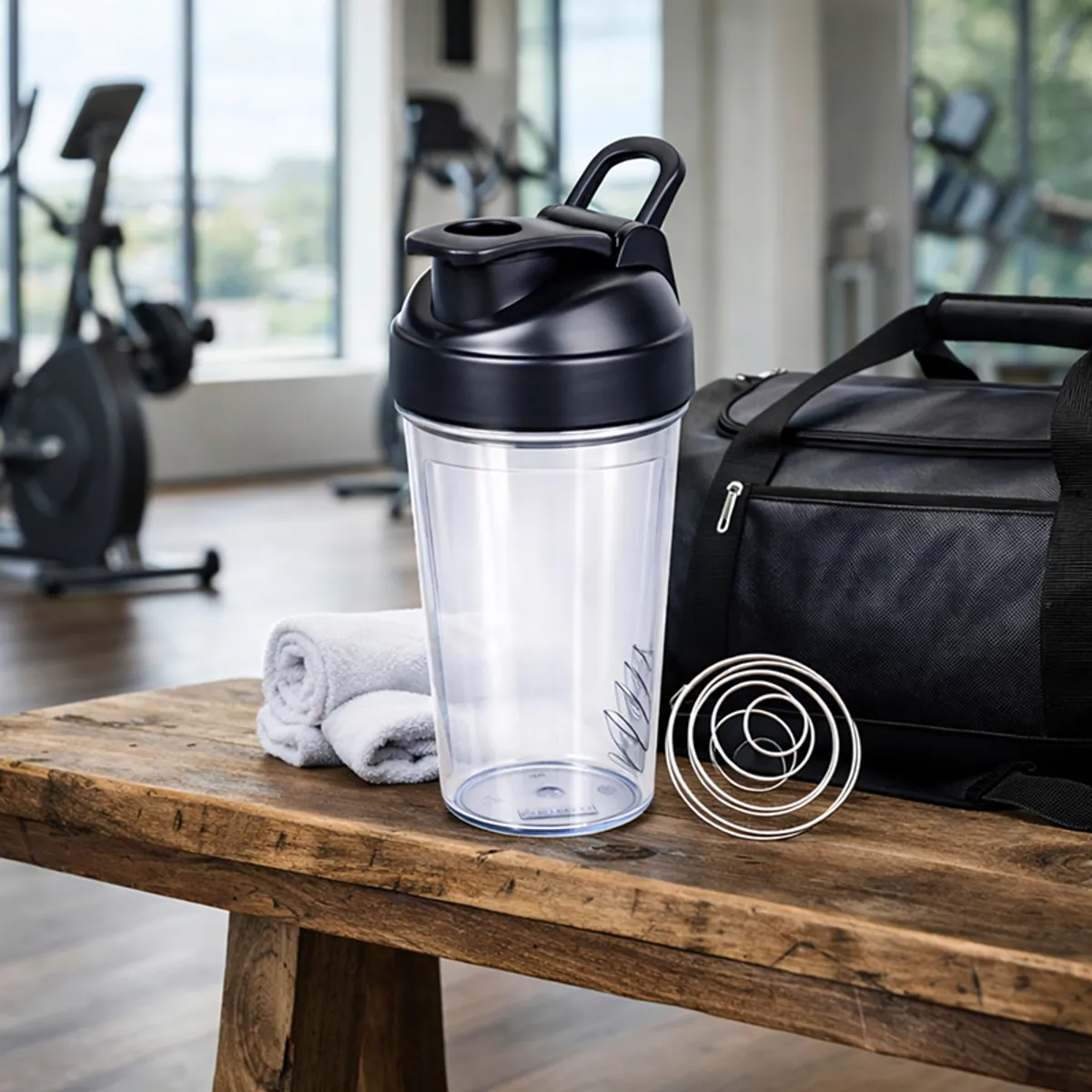 Black-lidded transparent shaker bottle with blending ball beside a gym bag