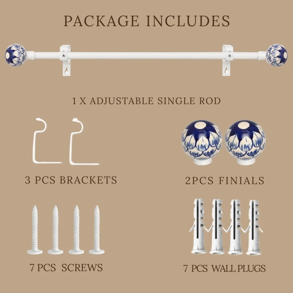 White curtain rod with matching blue and white round finials and brackets