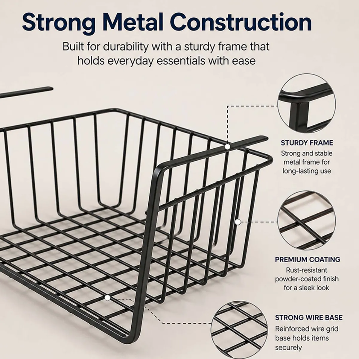 Close-up of black metal under-shelf rack showing wire frame and grid base