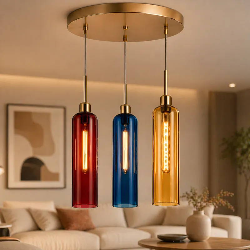 Modern three-light pendant lamp with red, blue and amber glass shades