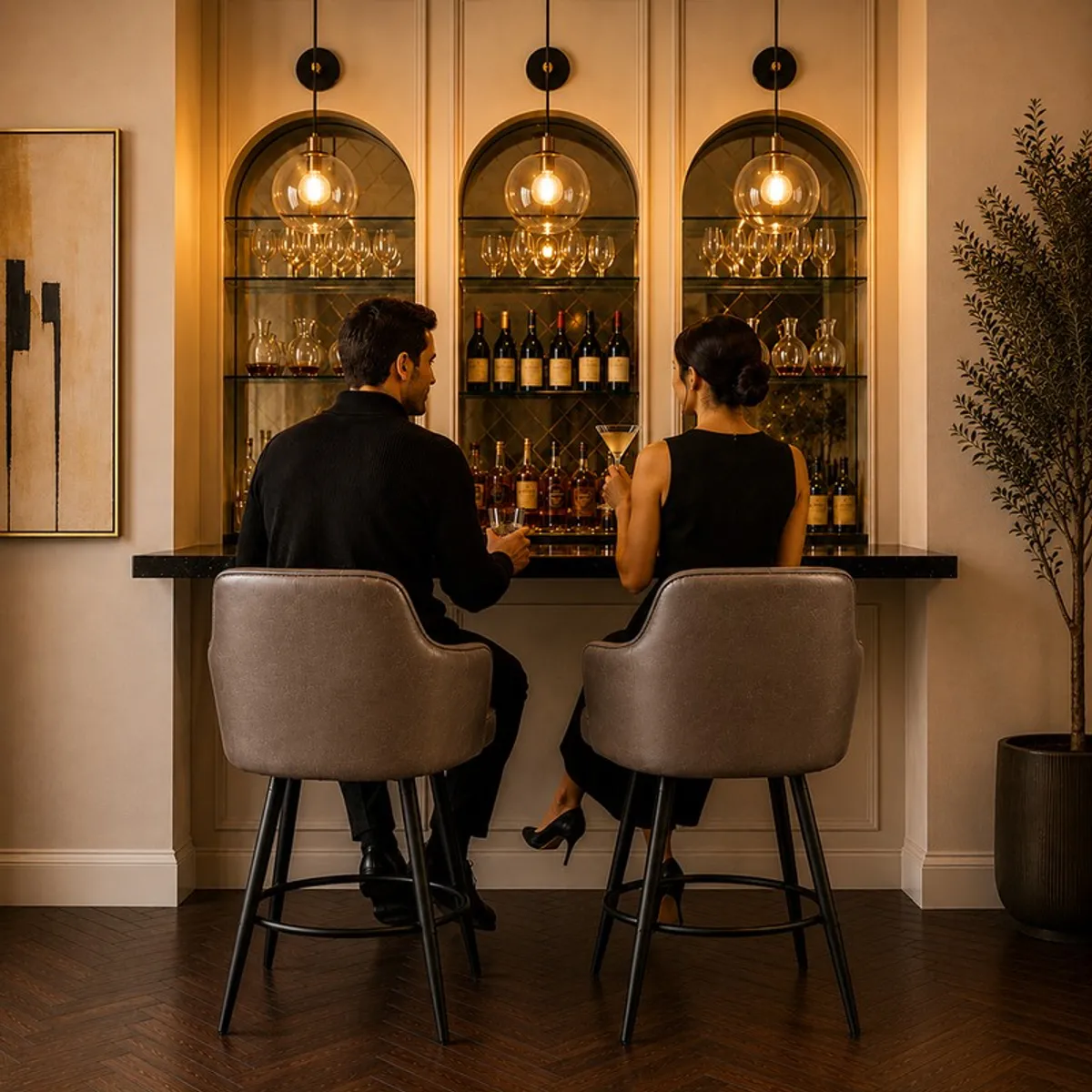Two dark grey bar chairs placed at a home bar counter