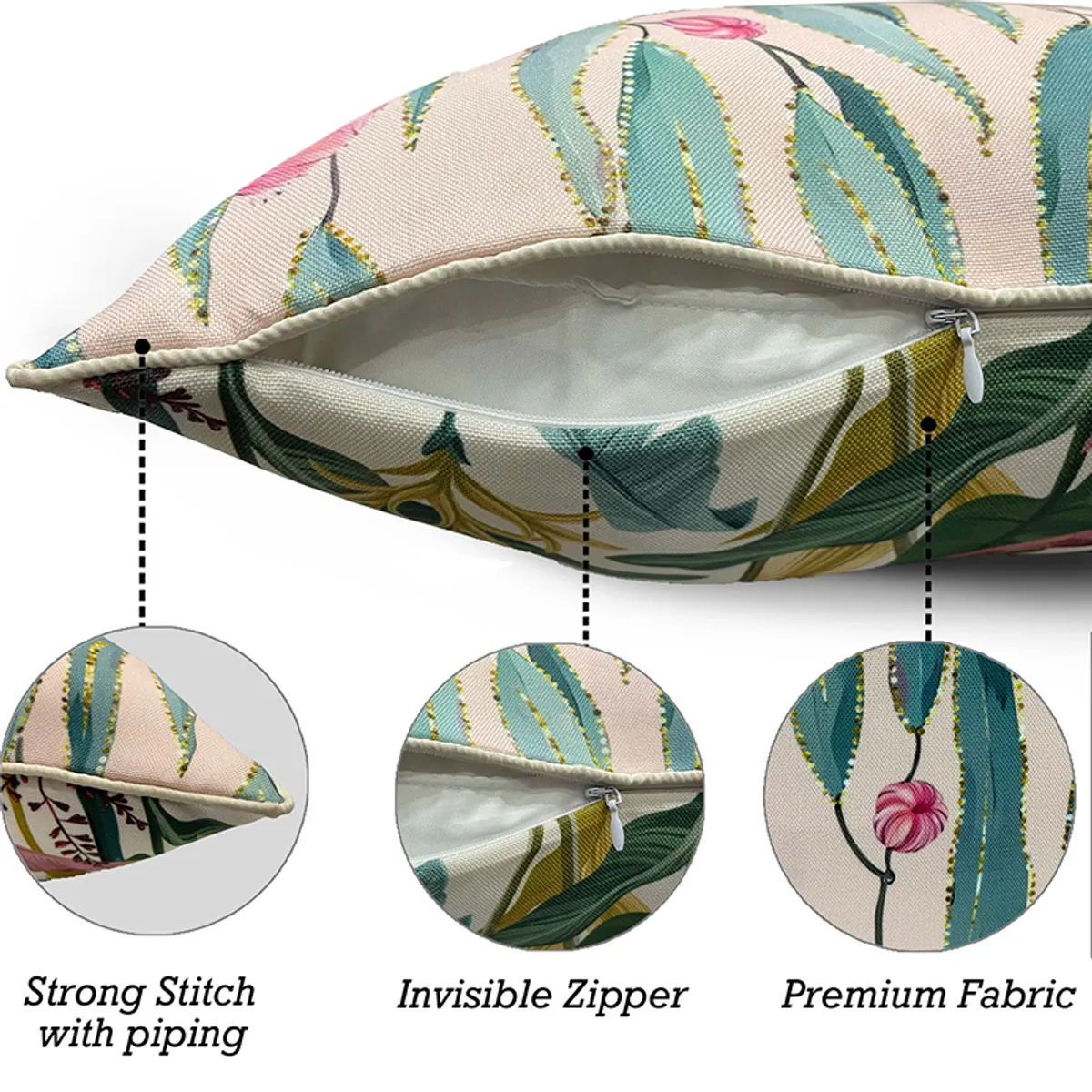 Close-up of a printed cushion cover showing its zip closure and piped edge