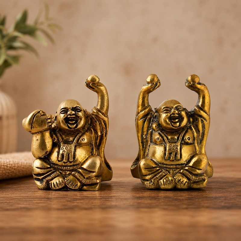 Laughing Buddha Prosperity Brass Idol - Set of Two