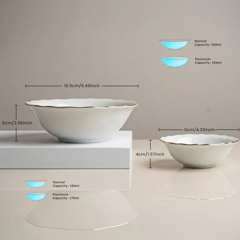 Two white porcelain bowls with gold rims shown side by side