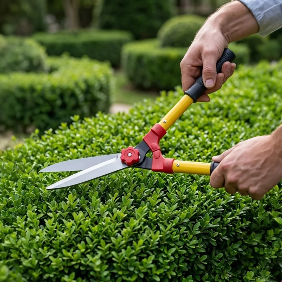 Red and yellow garden shears being used to trim a green hedge