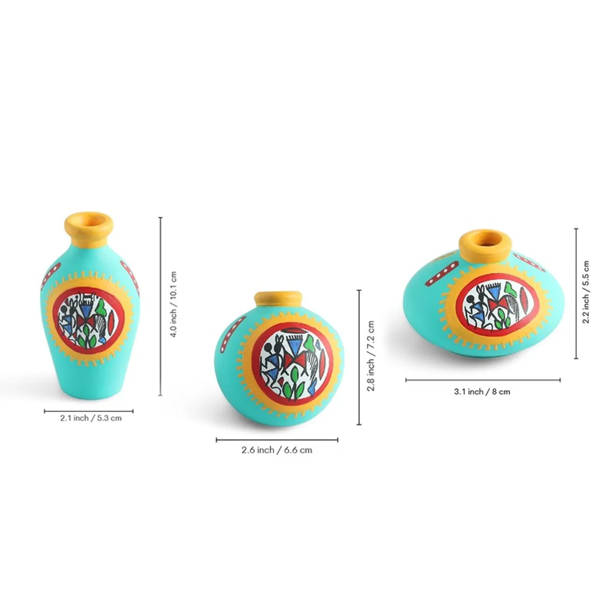 Three turquoise vases shown with printed dimension markings