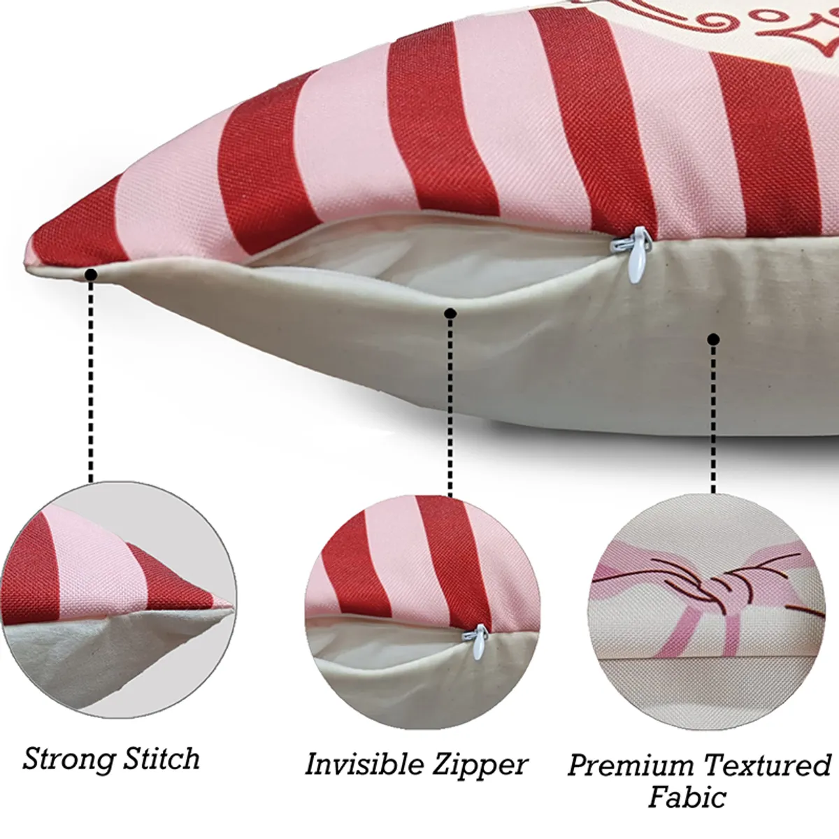 Close-up of cushion cover edge showing a zip closure