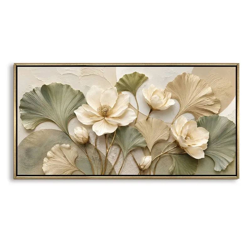 Rectangular floral ginkgo leaf canvas wall painting with gold-toned frame