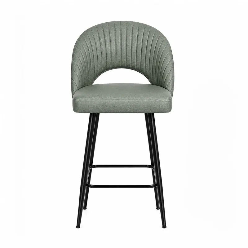 Front view of a light grey ribbed bar chair with black metal legs