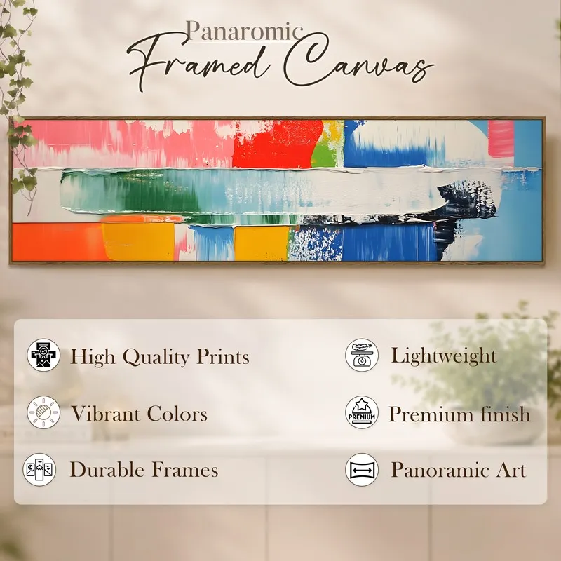 Panoramic framed multicolour abstract canvas shown against a softly styled interior backdrop.