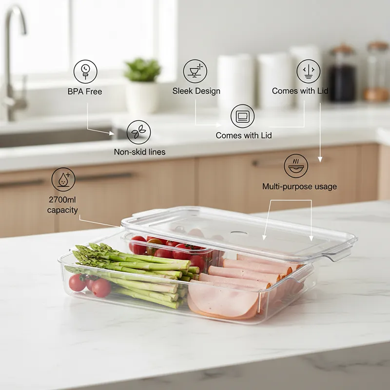 Clear organiser with lid shown holding vegetables and sliced meat in a kitchen