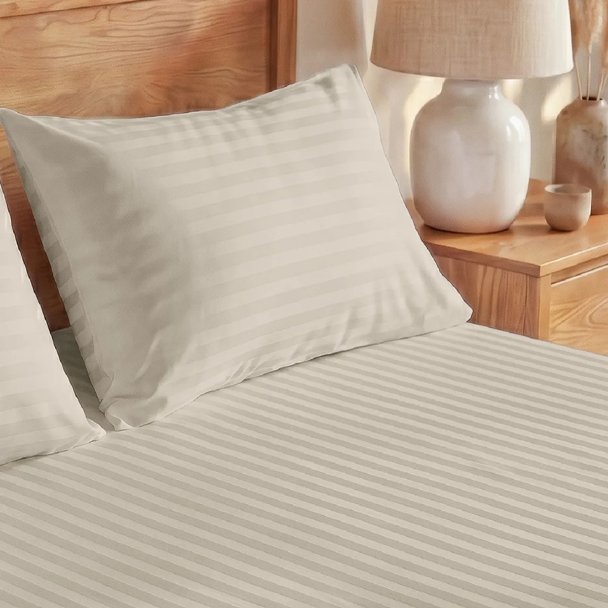 Close-up of beige striped bedsheet and matching pillow cover