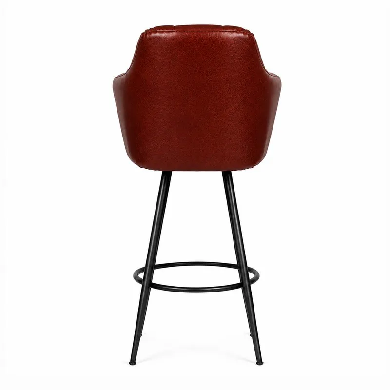 Back view of a brown upholstered bar chair with black metal legs