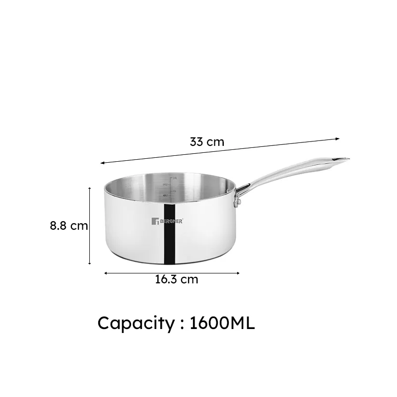 Silver saucepan with measurement arrows showing its length, breadth and height.