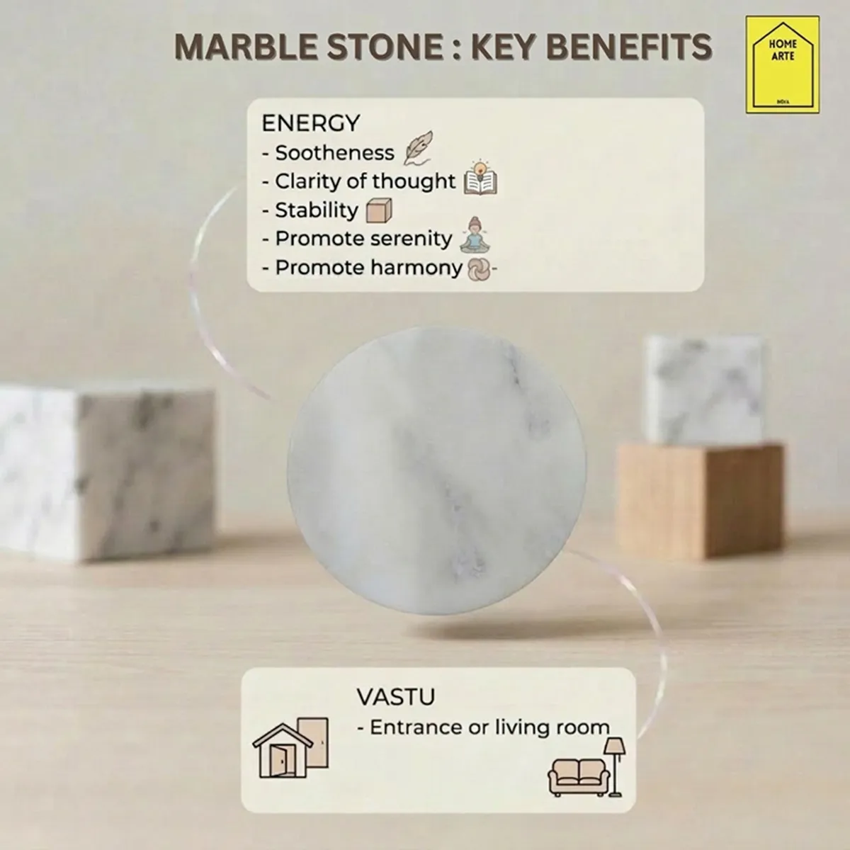Graphic showing marble stone benefits and suggested entrance or living room placement