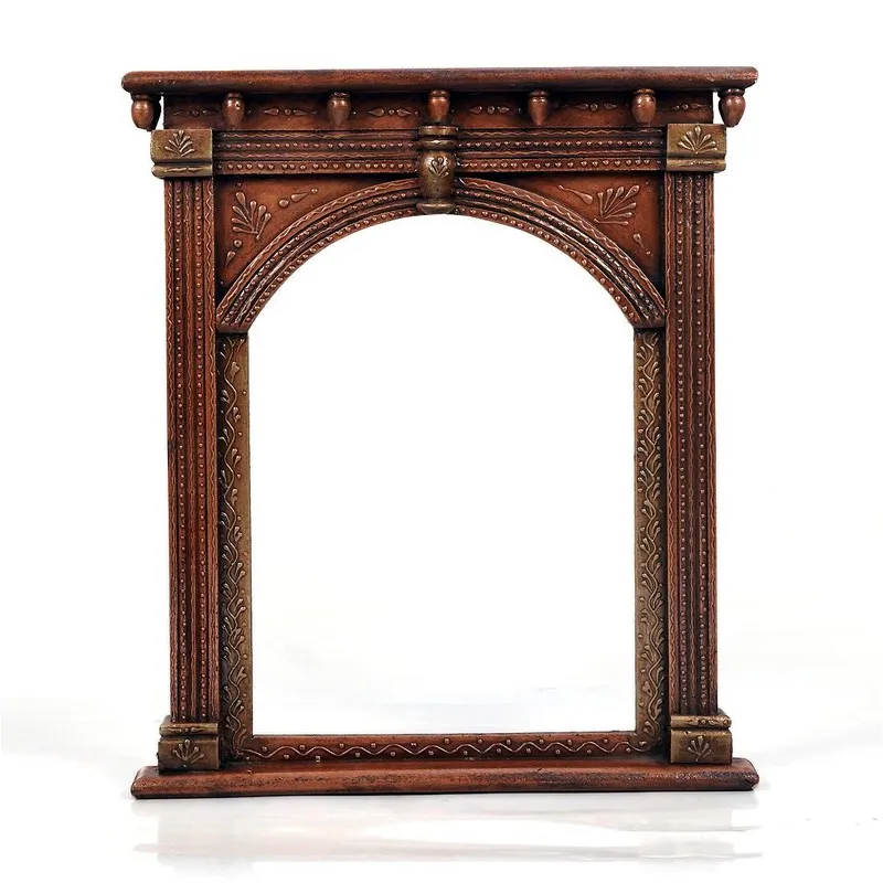 Front view of carved archway wood wall accent in a copper-brown finish