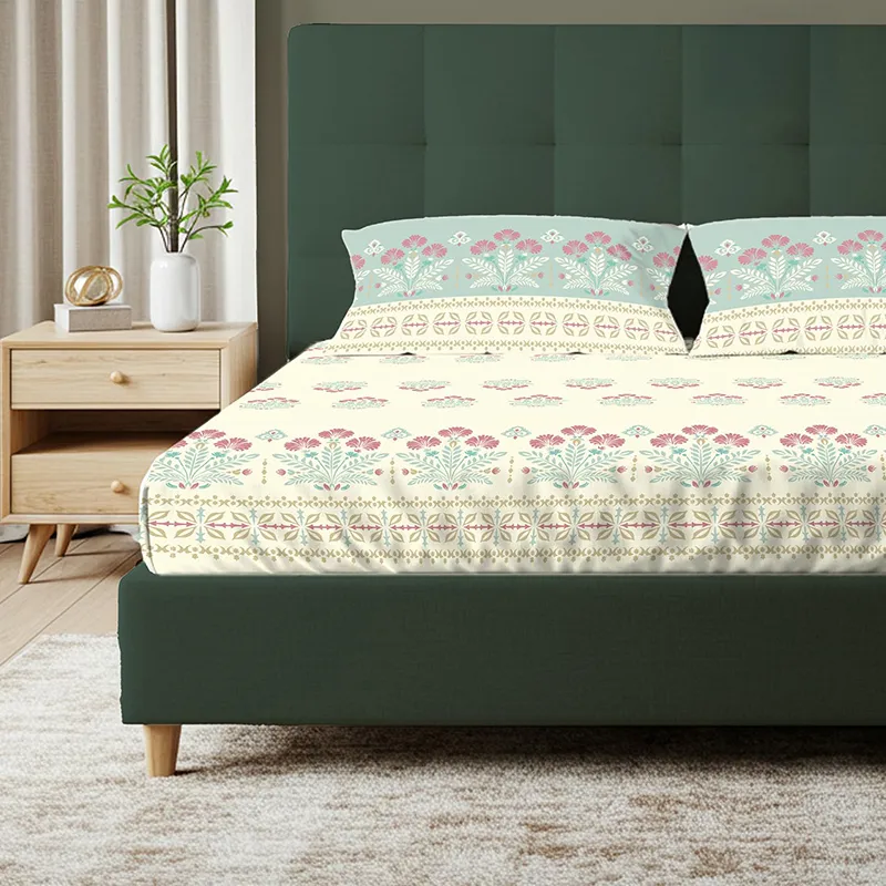 Front angled view of floral fitted bedsheet with matching pillow covers