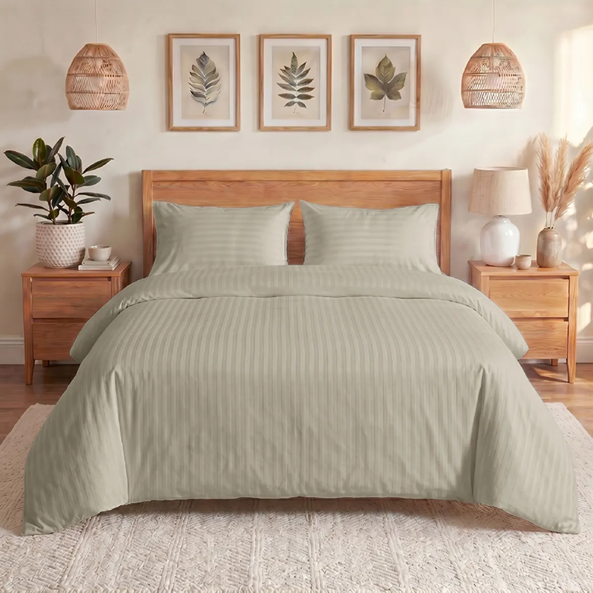 Beige striped cotton duvet cover styled on a bed in a warm, natural bedroom