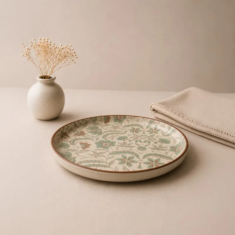 Single round ceramic quarter plate with beige and green botanical floral pattern