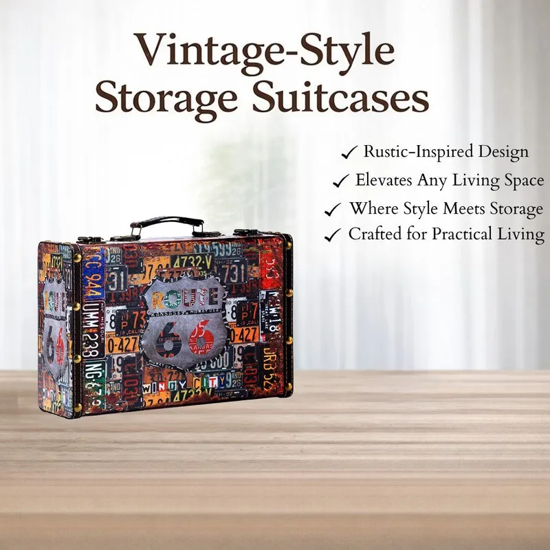 Vintage-style suitcase storage box with multicolour graphic print